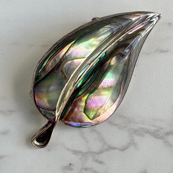 Mexican Abalone Leaf Brooch, Sterling Silver - Picture 7 of 10